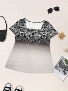 Áo thun nữ tay ngắn cổ vuông in họa tiết hình học, nhẹ nhàng, thanh lịch, đa năng, phù hợp cho đi chơi, ở nhà, du lịch, công sở vào mùa xuân và kỳ nghỉ hè. - Màu xám đậm - Xem 2