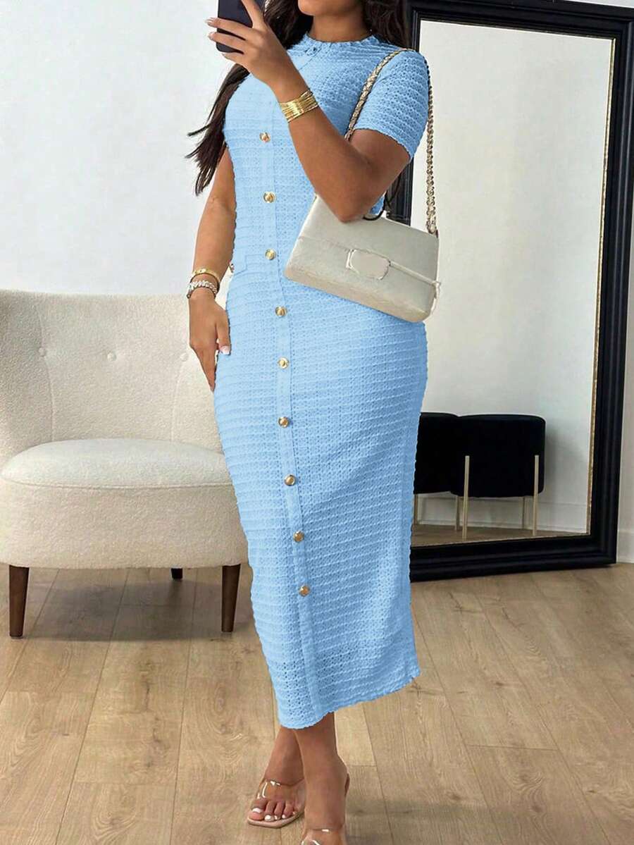 Ladies' Summer Date, Music Festival Atmosphere, Commuting Short Sleeved Dress - Màu xanh lam - Xem 1