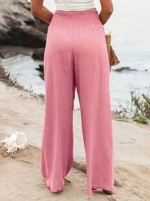 Women's Solid Color Drawstring Waist Pockets Casual Pants - Pink - View 2