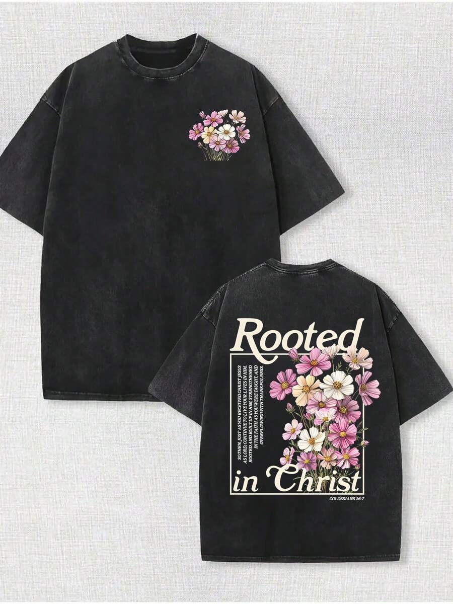 230G Double-Sided Washed, May You Always Have A Grateful Heart Printed T-Shirt, High-Quality Wax Printed Cotton Retro Fashion Brand T-Shirt, With A Certain Thickness Suitable For Summer T-Shirts, Holiday Gifts, Perfect Gifts - 黑色 - 查看 1