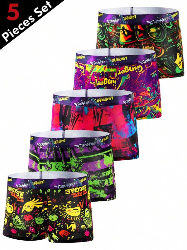 Paquete de 5 bóxers estampados con graffiti de estilo para hombre, transpirables