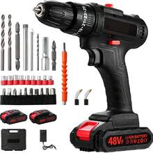 便携式无绳锂电钻，家用手枪钻，家用电动螺丝刀，紧固、钻孔和冲击 3 种工作模式，配备 2 块电池和 1 个充电器，非常适合家居装修和 DIY 项目 - 黑色 - 查看 1