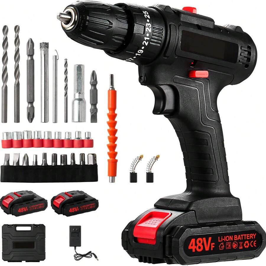 便携式无绳锂电钻，家用手枪钻，家用电动螺丝刀，紧固、钻孔和冲击 3 种工作模式，配备 2 块电池和 1 个充电器，非常适合家居装修和 DIY 项目 - 黑色 - 查看 1