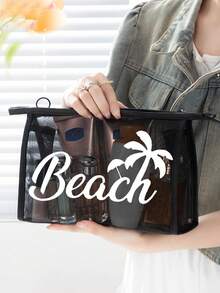 Large Capacity Net Bag Set, "Beach" Pattern Printed Net Bag, Mesh Beach Tote Bag, Mesh Cosmetic Bag, Foldable Large Capacity Swimming Beach Bag, Waterproof And Sandproof, Letter Decor Mesh Beach Tote Bag, Personalized Gift Bag, Mother's Day Gift For Girlfriend, Wife, Mother, Summer - Black - View 9