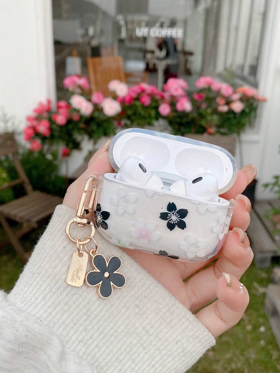 Transparent Protective Case With Black & White Floral Pattern - Detachable Black Flower Pendant - Compatible With AirPods 1/2/3/4/Pro/Pro2 - Black and White - View 1