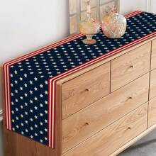 1 pièce de chemin de table rectangulaire au look de lin patriotique américain, en matériau 100% tissé, convenant pour le Jour de l'Indépendance, le Memorial Day - design rayé bleu et blanc, convient pour la salle à manger, le salon, le bureau - décoration de fête centrale, plusieurs options de taille, décoration du Jour de l'Indépendance