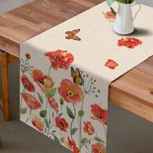 Spring Poppy Floral Tablecloth, Watercolor Patriotic Botanical Butterfly Home Kitchen Plant Decor, Memorial Day Summer Seasonal Farmhouse Restaurant Anniversary Decor