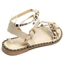 Western Style Flat Sandals With Crescent-Shaped Straps And Decorative Buckles - Beige - View 4