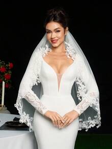 1pc Lace Applique Fingertip Length 95cm Short Bridal Veil With Comb Soft Tulle For Bride Wedding Party - Multicolor - View 3