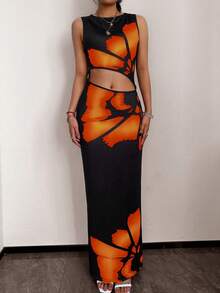 Elegant Positioning Rose Flowers Hollowed Out Fashion Slit Women's Long Sleeveless Dress, Floral Print Bodycon Dress,Casual & Sexy, Suitable For Summer Homecoming Dress