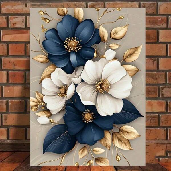 1pc Elegant Canvas Art - White & Navy Blue Floral Bouquet With Golden Leaves, Wall Decor For Living Room, Bedroom, Office, Or Bathroom, Aesthetic Room Decor