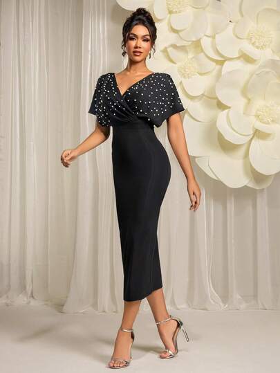 Solid Color Superimposed V-Neck Raglan Handmade Bubble Beads Slim Hip Cocktail Dress, Birthday Party, Graduation Ceremony Semi-Formal Wedding Dress