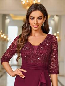 MIUSOL Deep V-Neck Sequin Floral Lace Ruffle Trim Cocktail Party Bodycon Dress - Red - View 7