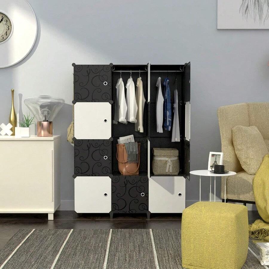 Deluxe Edition Upgraded Portable Wardrobe 12 Cube Closet With 2 Clothes Hanging Rails, Deeper Cube Clothes Storage Organizer Shelf For Bedroom - Black & White - View 1