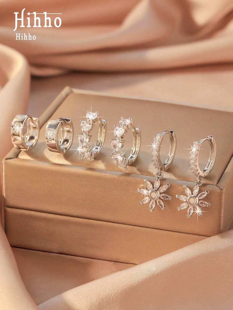 Hihho 3 Pairs Silver-Plated Elegant Zirconia Heart & Flower Earring Set For Women, Suitable For Daily Wear, Dates, Parties - Silver - View 1