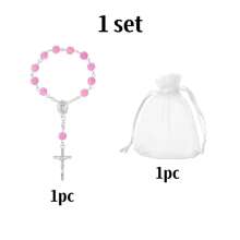 1/5/10 Sets Baptism Mini Baptism Favors Finger Baptism Rosaries Pink Rose Shaped Beads With Organza Bags For Christening Weddings First Party Favors