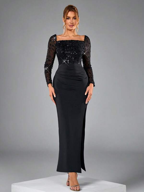 Women's Birthday Party Evening Dress, Elegant & Sexy Bridesmaid Dress; Women's Spring/Summer Sheer Mesh Sequin Patchwork Slit Dress; Women's Luxury Long Formal Gown, High-End Elegant; Women's New Year Dress; Halloween Costume; Christmas Dress