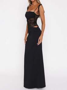 女士优雅蕾丝拼布鱼尾长裙，适合派对、婚礼、周年纪念、音乐节、浪漫假期、情人节约会、时尚性感别致、春夏秋 - 黑色 - 查看 9