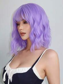 Peluca morada ondulada de 12 pulgadas con flequillo, pelucas cortas moradas de mujer, peluca sintética rizada y ondulada tipo bob para uso diario, festivales de música y moda colorida - Morado - Ver 5