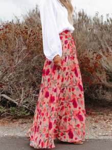 Plus Size Women's Chiffon Floral Print High Waist Loose Fit Maxi Skirt, Elegant Casual Summer Beach Holiday