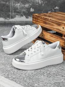 New Arrival Spring/Summer Elegant White & Gold Color Sneakers For Teens And Kids, Low-Top Lace-Up With Thick Sole For Running, Fitness, Walking - Multicolor - View 6