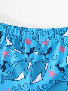 2 件套男孩卡通鲨鱼泳衣套装 - 长袖黄色上衣和松紧腰蓝色短裤，弹力快干面料，“鲨鱼游戏”设计，非常适合夏日海滩乐趣 - 黃色 - 查看 5