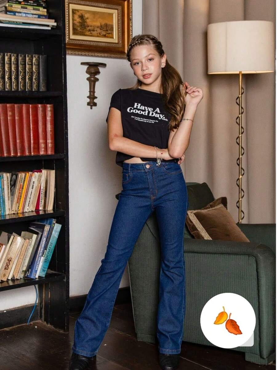 Calça Flare Jeans para Meninas Feminina Infantil Juvenil Cintura Alta Confortável Básica 04 ao 16