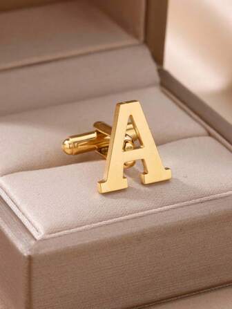 1件或2件装个性化A-Z 26字母男士袖扣，经典简约，18K镀金不锈钢材质，新郎婚礼配饰，男士礼物（不含礼盒）