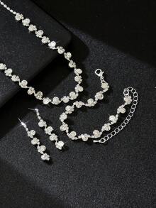 4-Piece Women Jewelry Set: Necklace, Earrings, Bracelet, Geometric Pattern, Elegant Bridal Accessories, Thanksgiving Gift - Silver - View 4