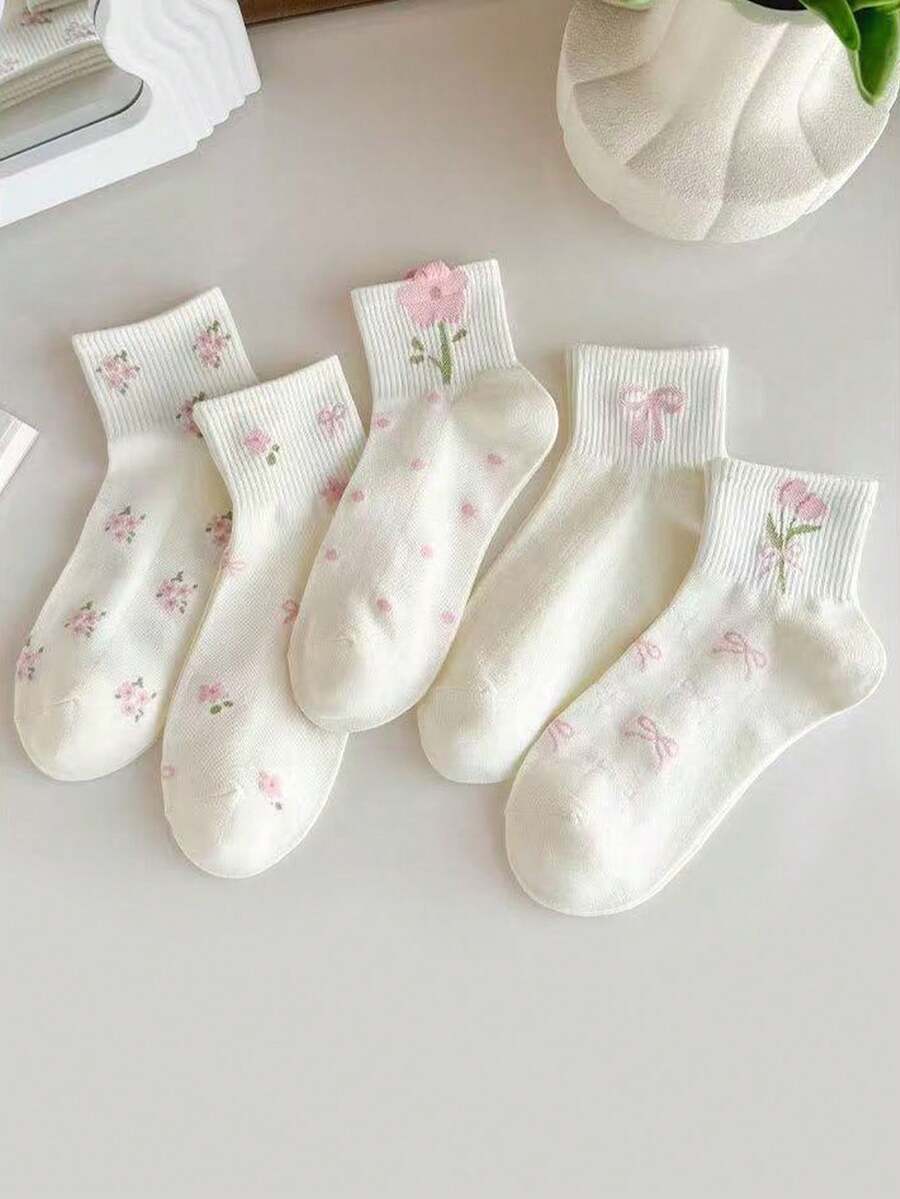 5 Pairs Women's Flower & Bow Decor Mid-Calf Socks, Sweet Campus Style Streetwear, Comfortable & Soft For Daily Wear - Multicolor - View 1