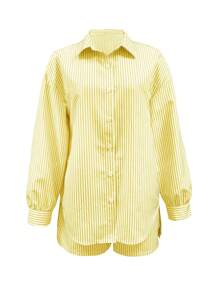 Conjunto de 2 piezas con diseño de camisa con cuello polo a rayas y Bottom en forma de U, talla grande shorts de cintura elástica, un conjunto de moda para primavera, verano y otoño, ideal para la playa, vacaciones y luna de miel