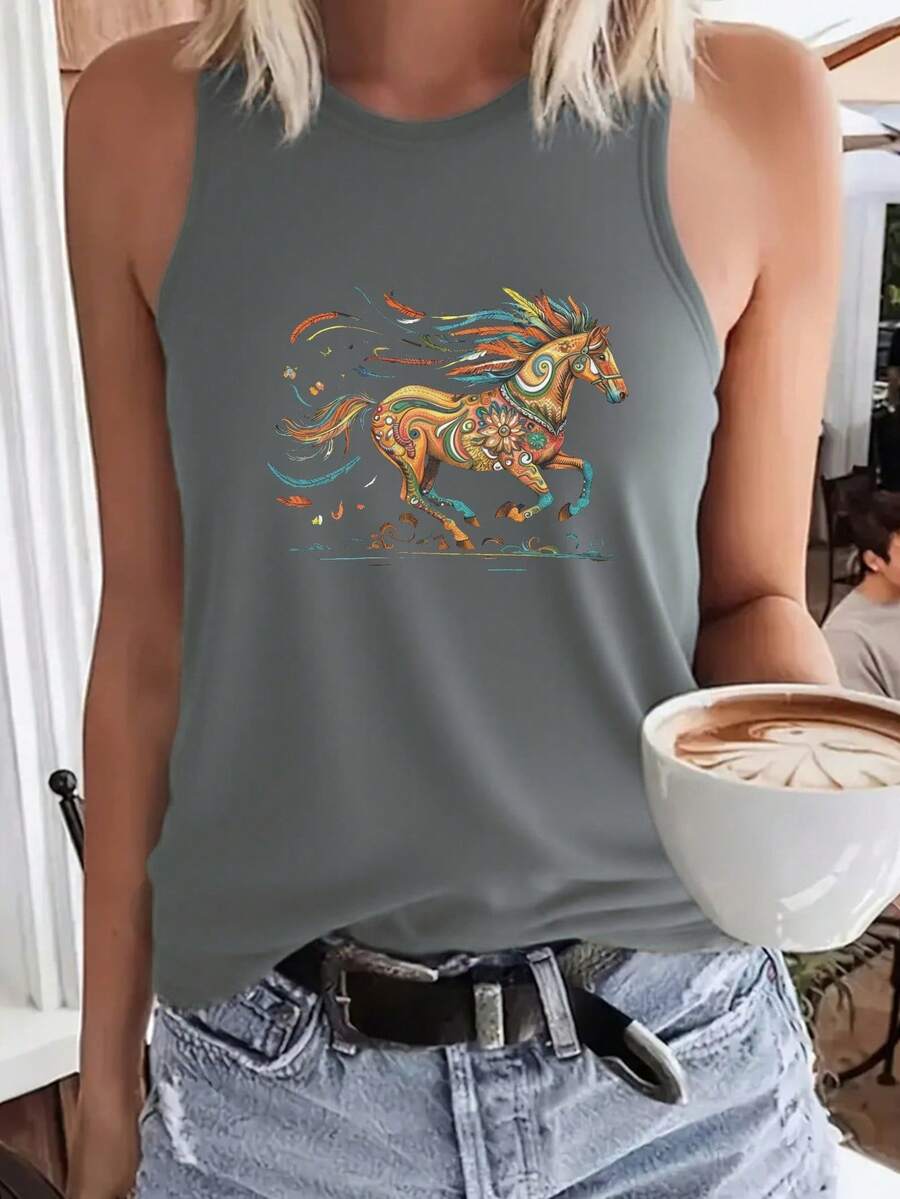 Floral Dynamic And Colorful Horse Women's Vest - 灰色 - 查看 1