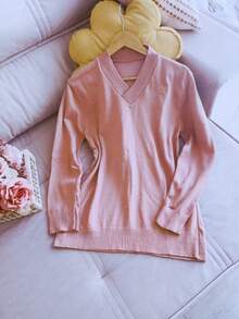 V Neck Plus Size Basic Long Sleeve Winter Knit Top Women Fashion - 卡其色 - 查看 1