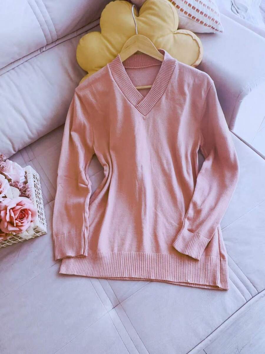 V Neck Plus Size Basic Long Sleeve Winter Knit Top Women Fashion - 卡其色 - 查看 1