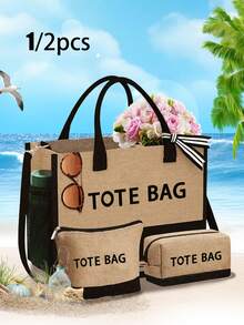 1 Set Beach Tote Bag For Women, Canvas Bag For Beach Accessories, Suitable For Wedding, Birthday, Holiday, Is A Great Gift For Women, Mom, Teachers, Friends, Bridesmaids,Student,Back To School,Large Bag, Travel Handbag For Holiday Vacation Weekend Getaway Short Trip,Personalized Birthday Gifts Present For Friend Her, With Scarf - Khaki - View 1