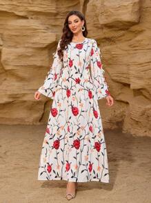 Women's Floral Print Long Sleeve Maxi Dress - Elegant Casual Wrap Dress With Belted Waist For Spring Summer Vacation & Daily Wear,Dresses Classy Elegant,Modest