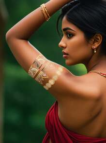 4张纹身贴纸 临时纹身 古铜色纹身 金银色手臂身体纹身 酷炫手镯 夏季女孩金色时尚纹身贴纸