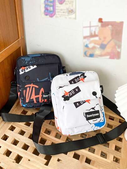 撞色涂鸦字母斜挎包，竖款方形迷你单肩包，青少年及年轻人的休闲斜挎包，春夏款