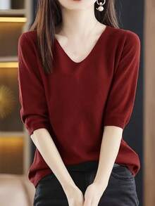Versatile Half Sleeve Solid Color V-Neck Sweater - Knitted Top For Spring & Fall - Women's Clothing - Red - View 3