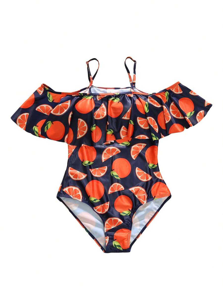 Women  Swimsuits Orange Print Ruffle Bathing Suits Mommy Daughter Bikini Swimwear Trunks Bathing Suit - Orange - View 1