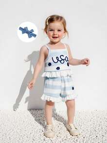Baby Girl Fourth Of July Outfits Sleeveless Ruffle Tank Tops + Shorts Set Toddler Clothes - Blue - View 5