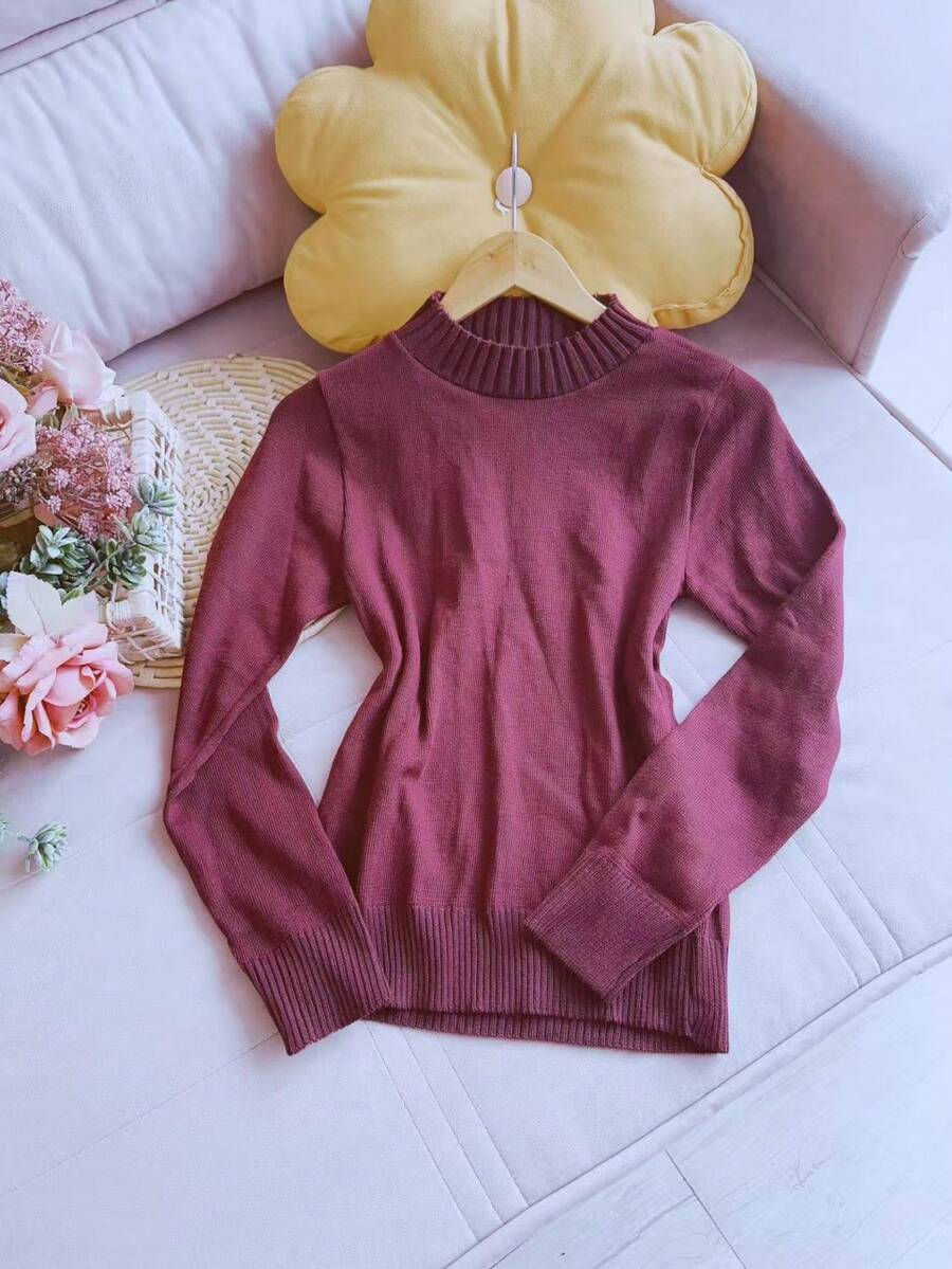 Basic Knitted Cold Weather Blouse Round Neck Sweater Women's Fashion - Burgundy - View 1