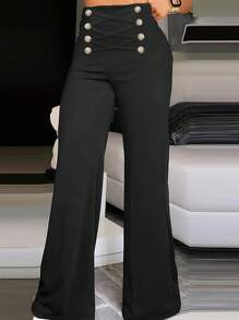 Women's Slim Fit Flare Leg Casual Pants - Black - View 2
