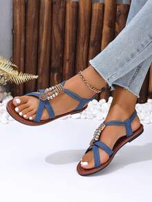 Retro Roman Style Handwoven Zipper Back Soft Sole Round Toe Flat Sandals, Summer Beach Wear - Blue - View 2
