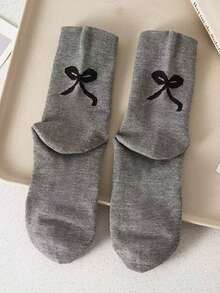 3 Pairs Women's Bow Decor Black, White, Grey Mid-Calf Socks, Collegiate Style Street Fashion, Comfortable Soft Everyday Wear - Multicolor - View 8