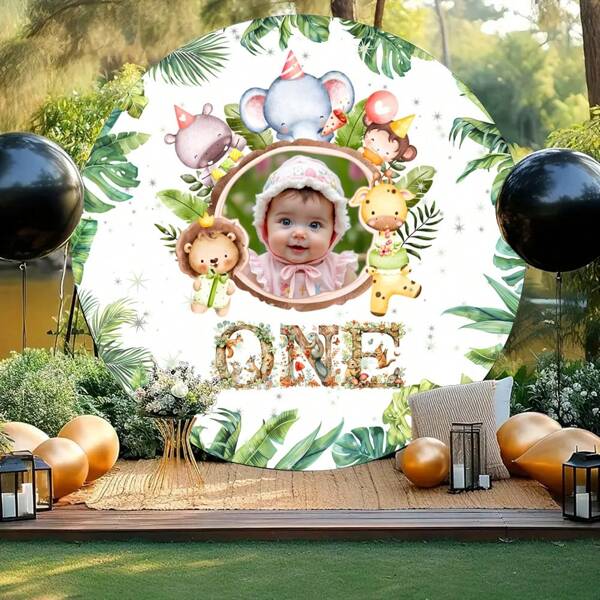 1pc Customized Round Green Background Photo Backdrop, 1 Year Old And 2 Year Old Designs, Birthday Party Decor, Daily Home Decor, Family Gathering Decoration