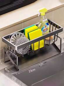 1pc Multi-Functional Carbon Steel Kitchen Storage Rack Kitchen Sink Faucet Sponge Drain Basket Kitchen Shelf Sink Rags Draining Rack Detergent Steel Wire Ball Storage Rack, No Hole Punching And No Installation, Can Hang Cleaning Cloth Can Store Cleaning Tools, Kitchen Accessories