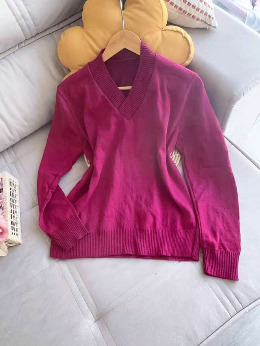 V Neck Plus Size Basic Long Sleeve Winter Knit Top Women Fashion - 中紫紅色 - 查看 1