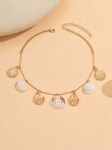 1件海洋浪漫风天然贝壳吊坠项链，金色海洋生物流苏锁骨链，女士时尚首饰，适合日常佩戴、海滩派对、约会、音乐节。天然贝壳上的图案随机分布。