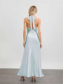 Women Long Dress Solid Color V-Neck Tie-Up Halter Neck Backless Dress Summer Fashion Sleeveless Casual Dress - Màu xanh lam - Xem 6